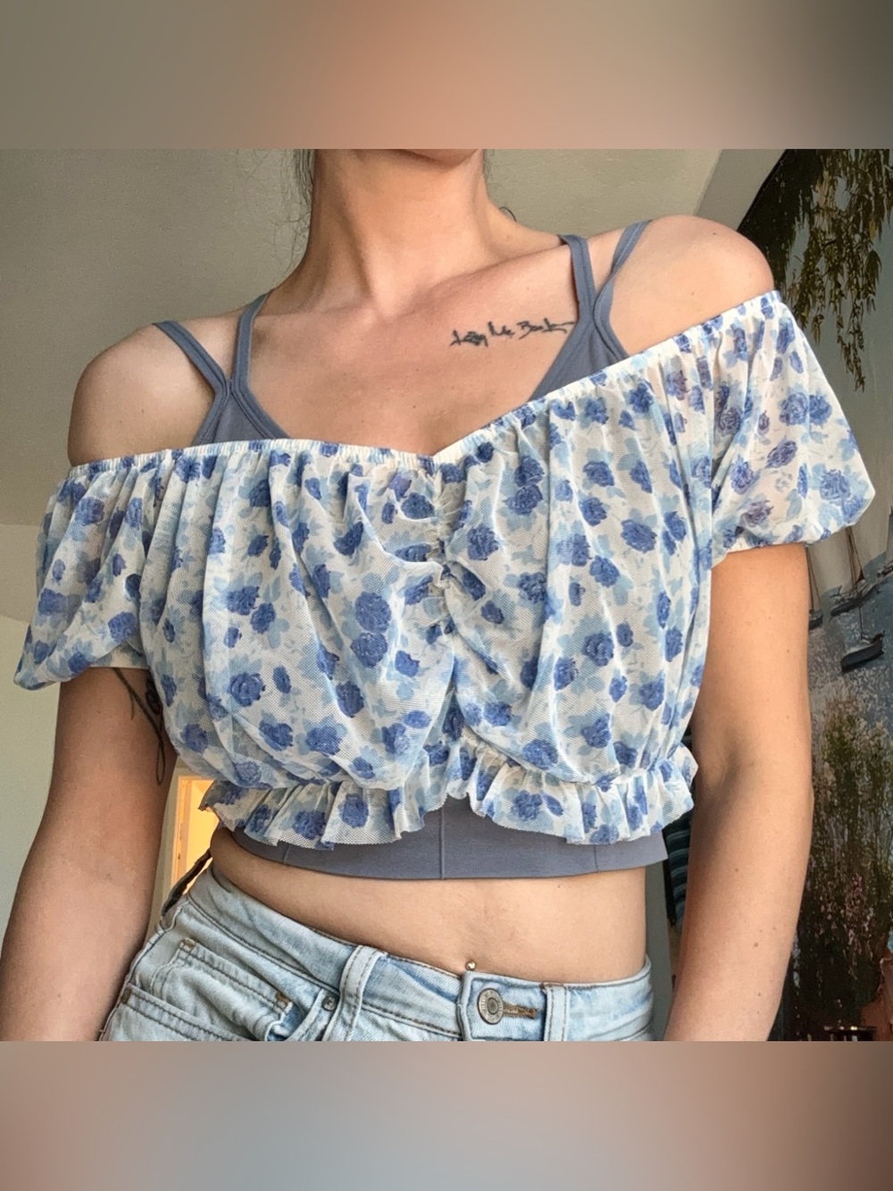 Blue Floral Off-Shoulder Crop Top